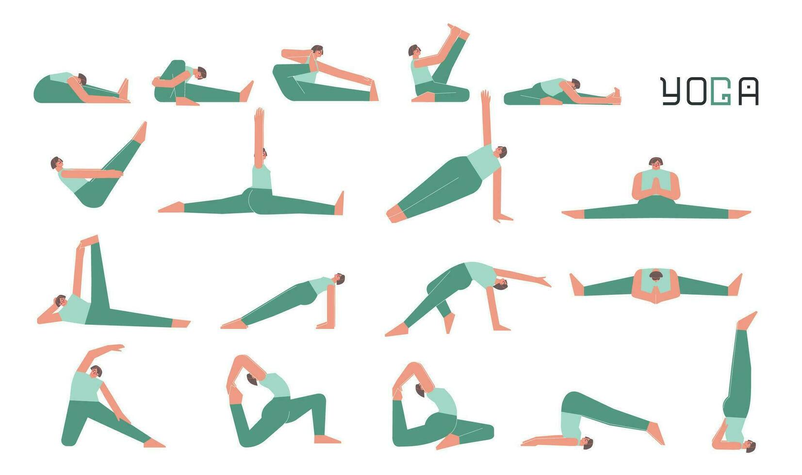 Vector flat isolated illustration collection with female adult character doing yoga. European woman learns relaxing stretching postures. Set of basic sports balance exercise for beginners