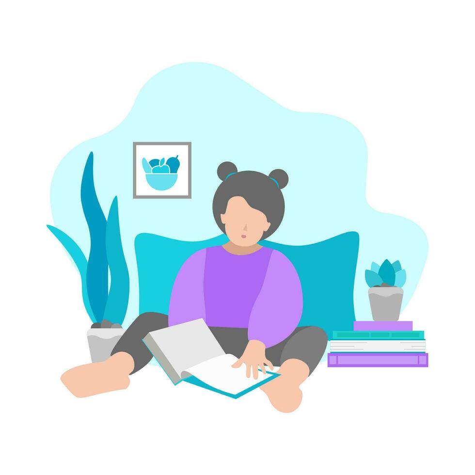 Vector flat isolated illustration with little girl sitting at home, holding and reading book.  Distant domestic education. Simplified interior with pillows, plants. White background