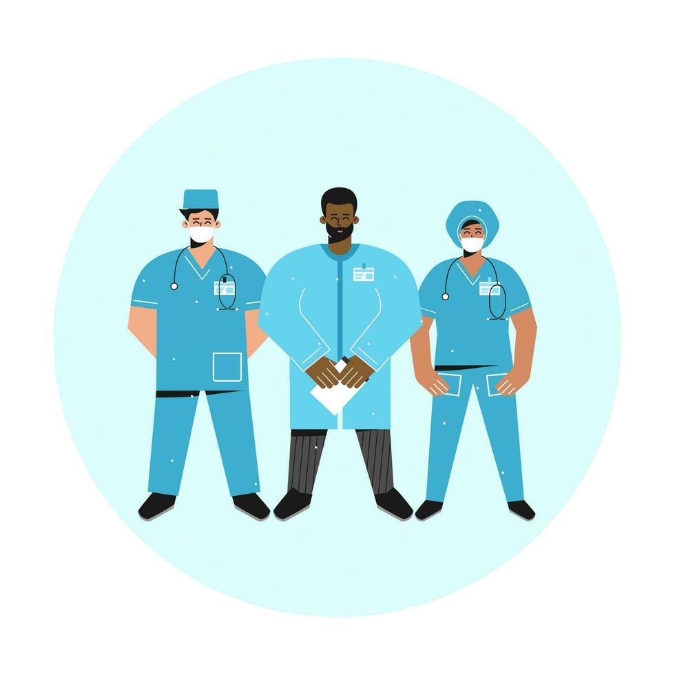 Vector isolated illustration with flat cartoon doctors. Happy smiling international team of paramedics and nurses are dressed in blue medical uniform with stethoscopes and hats. Hospital staff