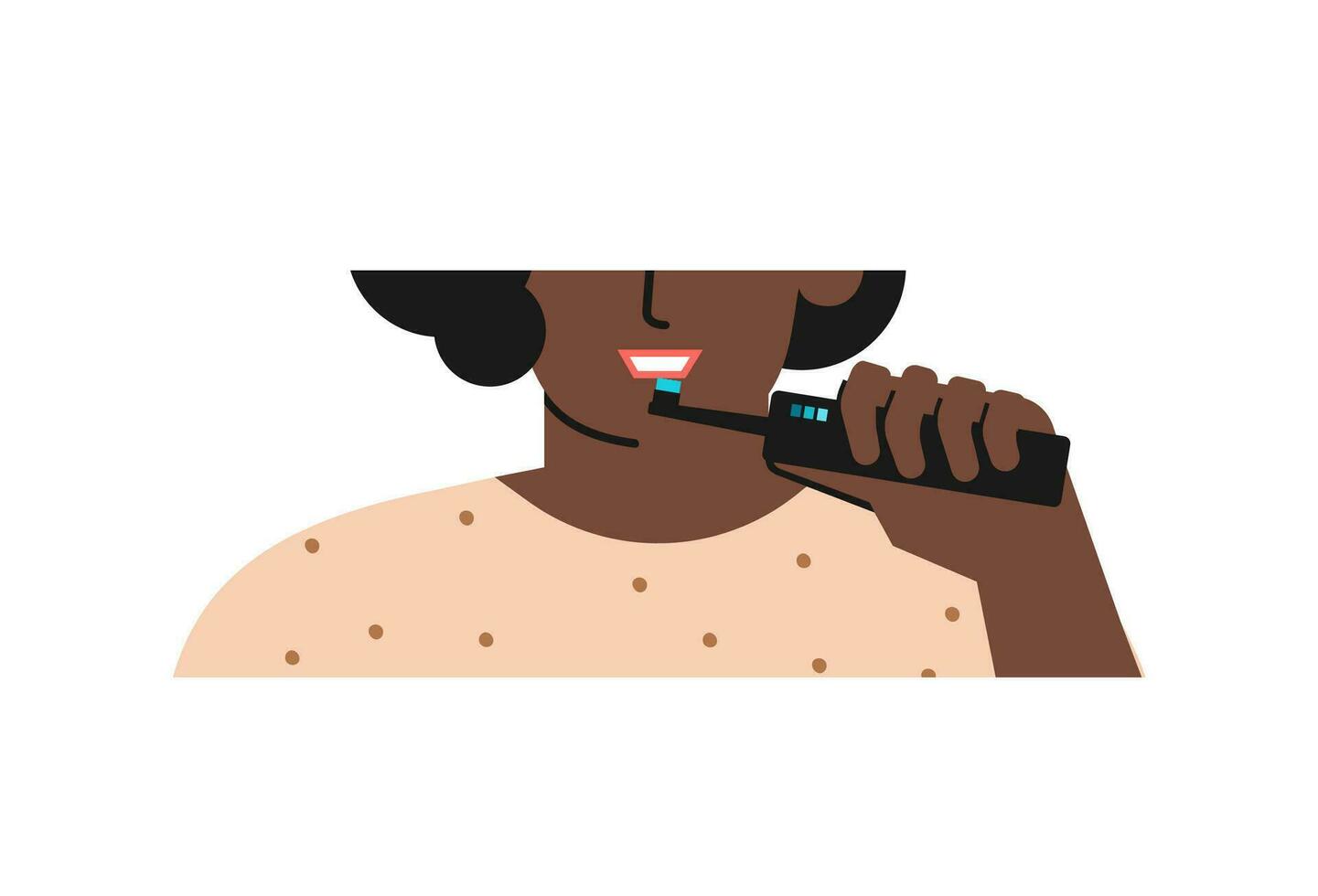 Vector isolated illustration. Close up portrait of African American woman cleaning teeth by electric toothbrush to save its healthy. Daily dental routine to prevent caries, plaque and remove tartar