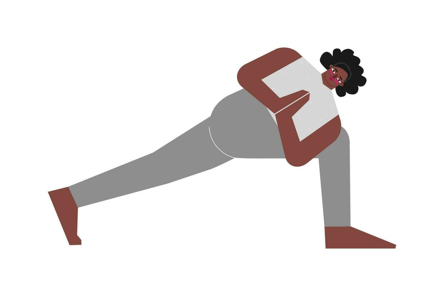 Vector isolated illustration with flat female african american character. Sportive woman learns Strengthening posture Parivrtta Parsvakonasana at yoga class. Fitness exercise Revolved Side Angle Pose