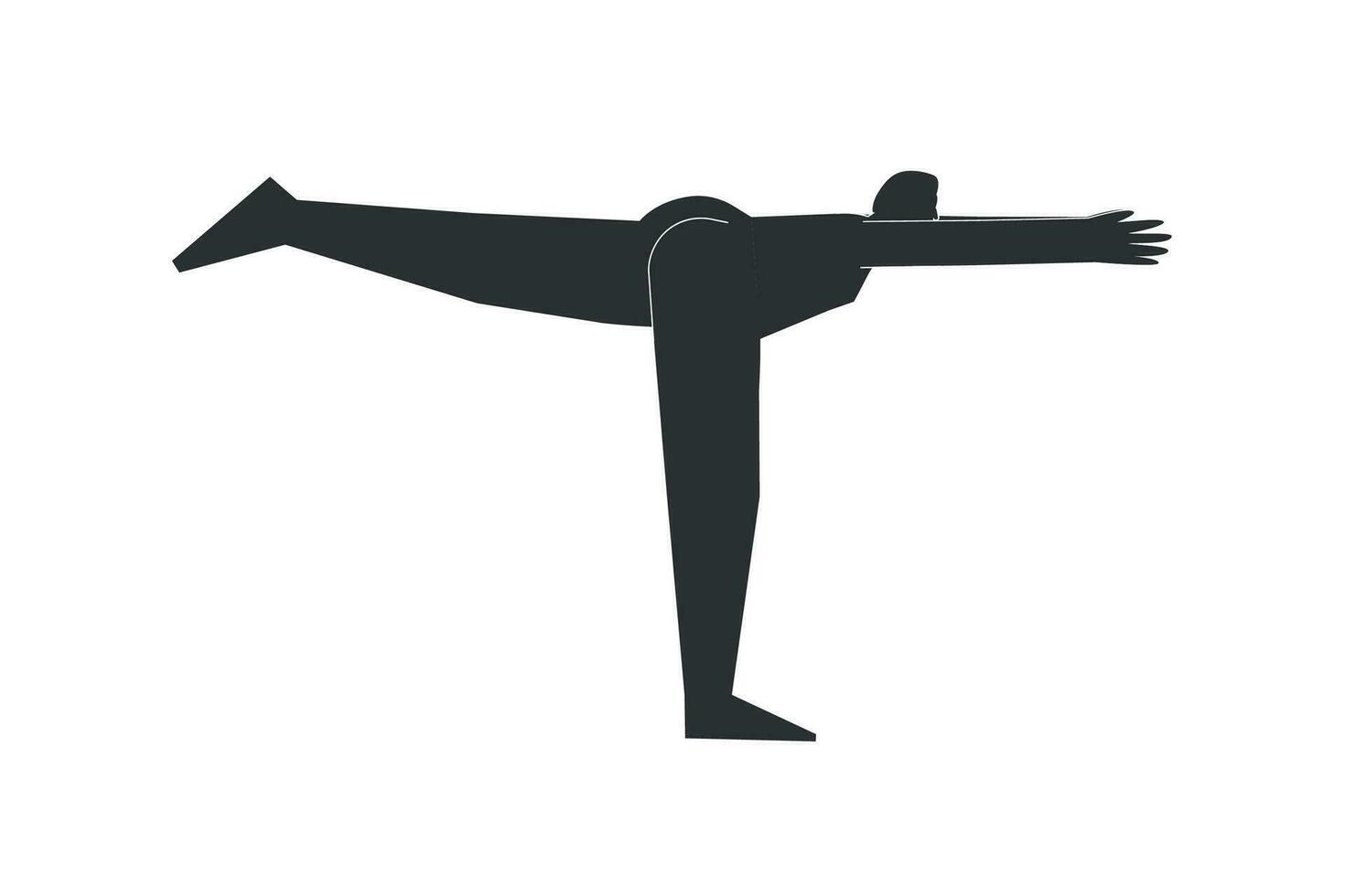 Vector isolated illustration with flat black silhouette of female character. Sportive woman learns yoga posture Virabhadrasana III. Fitness exercise - Warrior 3. Minimalistic design