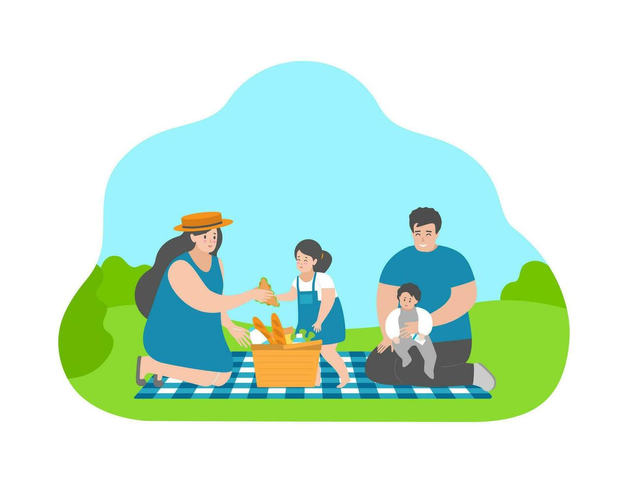 Vector flat concept with cartoon family. Happy moments from childhood. Mother gives cute daughter sandwich from picnic backet. Father sits with little baby on the hands. Summer holidays outdoors.