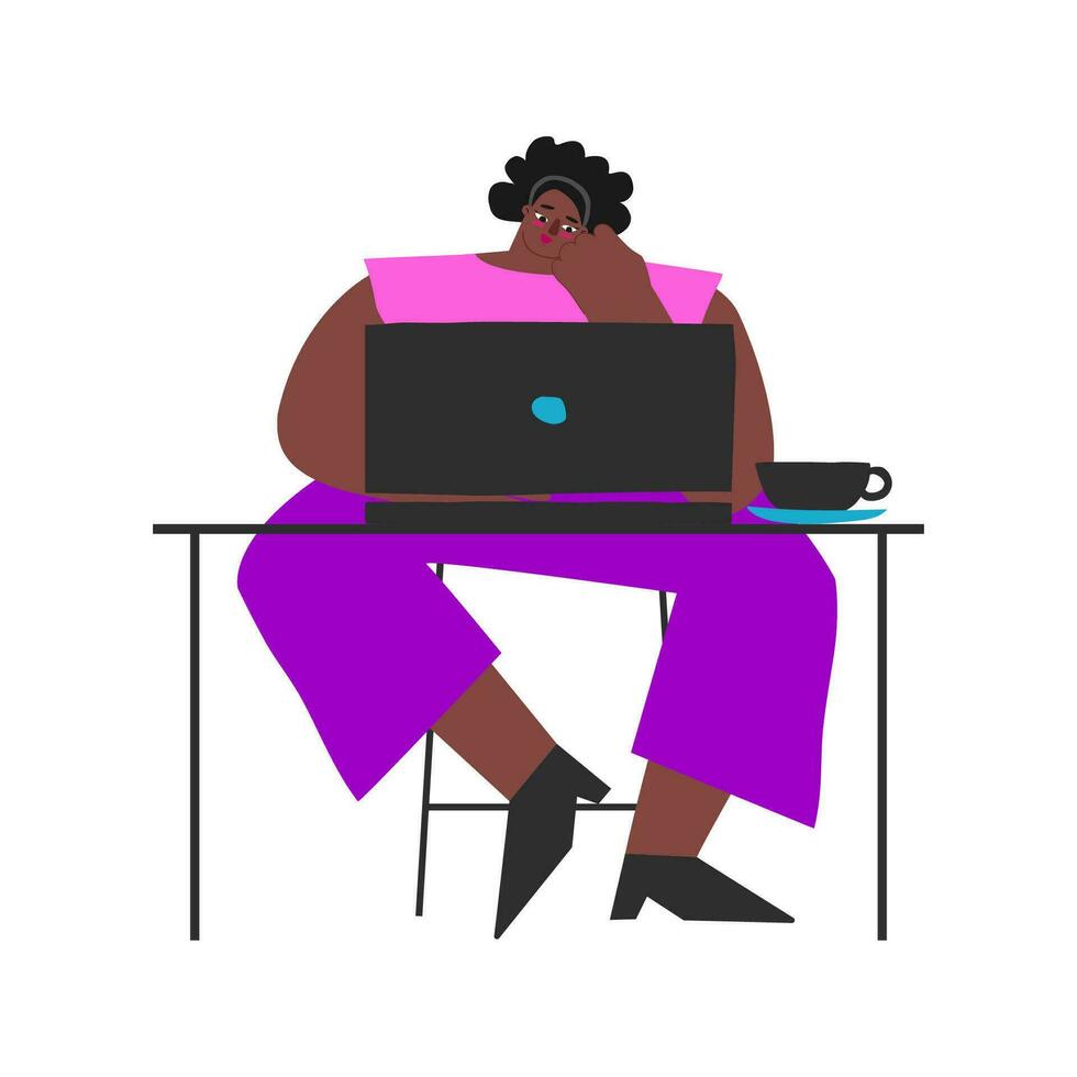 Vector flat isolated illustration. African American woman sits at table and works online on laptop. Lifestyle of freelancer. Lady is bored. She is professional web designer and illustrator