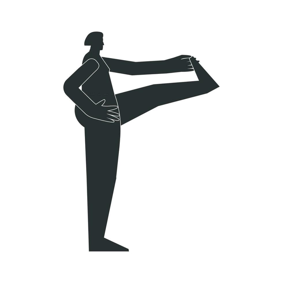 vector aislado ilustración con negro silueta de hembra persona haciendo finura. atlético mujer aprende yoga postura utthita hasta padangustasana. juguetón ejercicio - extendido mano a grande dedo del pie actitud