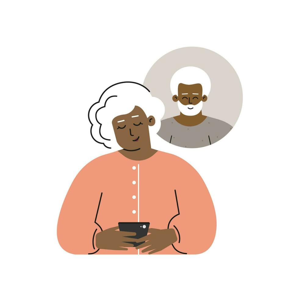 Vector isolated flat concept. African american elderly woman sends SMS by phone to his senior boyfriend. Online dating and relationship on the mobile apps. Gadgets for communication of old persons