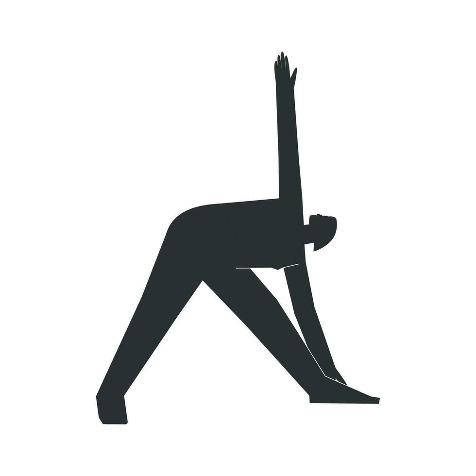 vector aislado ilustración con plano negro silueta de hembra personaje. juguetón mujer aprende yoga postura parivrita trikonasana. aptitud ejercicio - girado triángulo pose. minimalista diseño