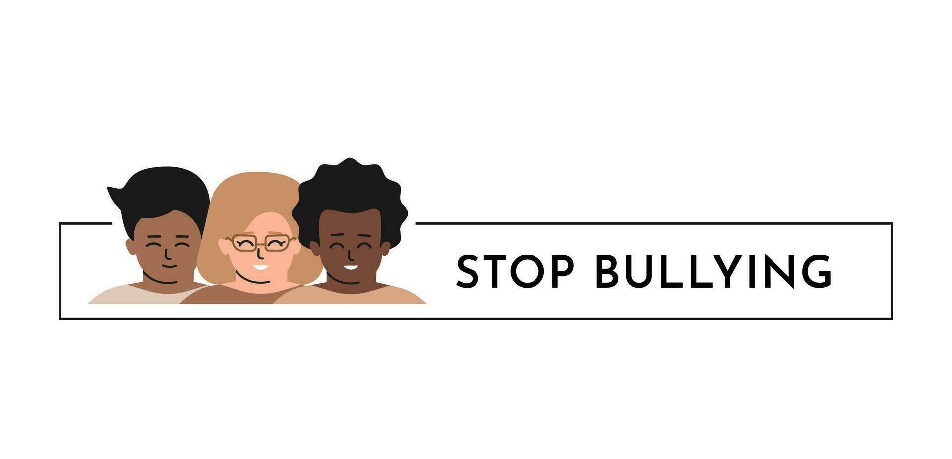 Vector isolated flat concept. Portrait of multiethnic group of children Asian boy, Caucasian girl with glasses and African American guy show friendship and tolerance. Text in frame Stop bullying