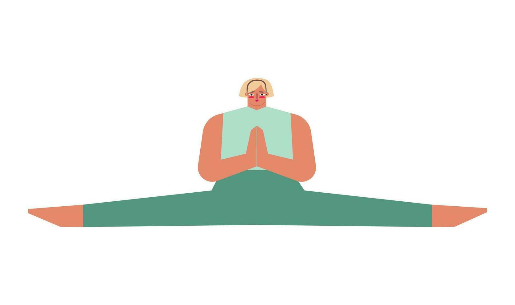 Vector isolated concept with flat female character. Strong adult blonde woman learns stretching posture and does Side Split at yoga class. Basic exercise for beginners - Samakonasana