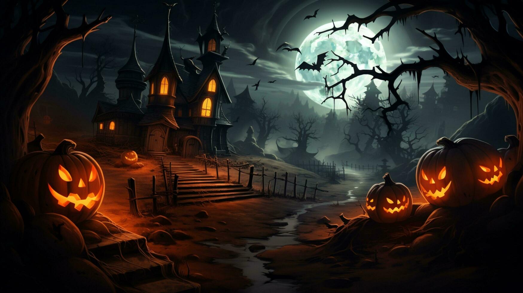 Halloween background with pumpkins and haunted house - Halloween background with Evil Pumpkin. Spooky scary dark Night forrest. Holiday event halloween banner background concept photo