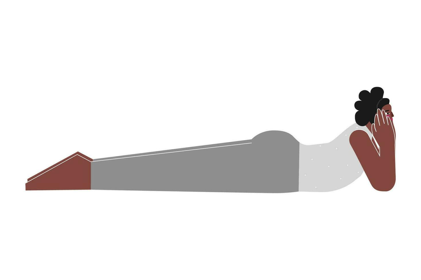 Vector concept with flat female african american character. Strong body positive woman learns posture with backbend and does Makarasana at yoga class. Fitness exercise for beginners - Crocodile Pose