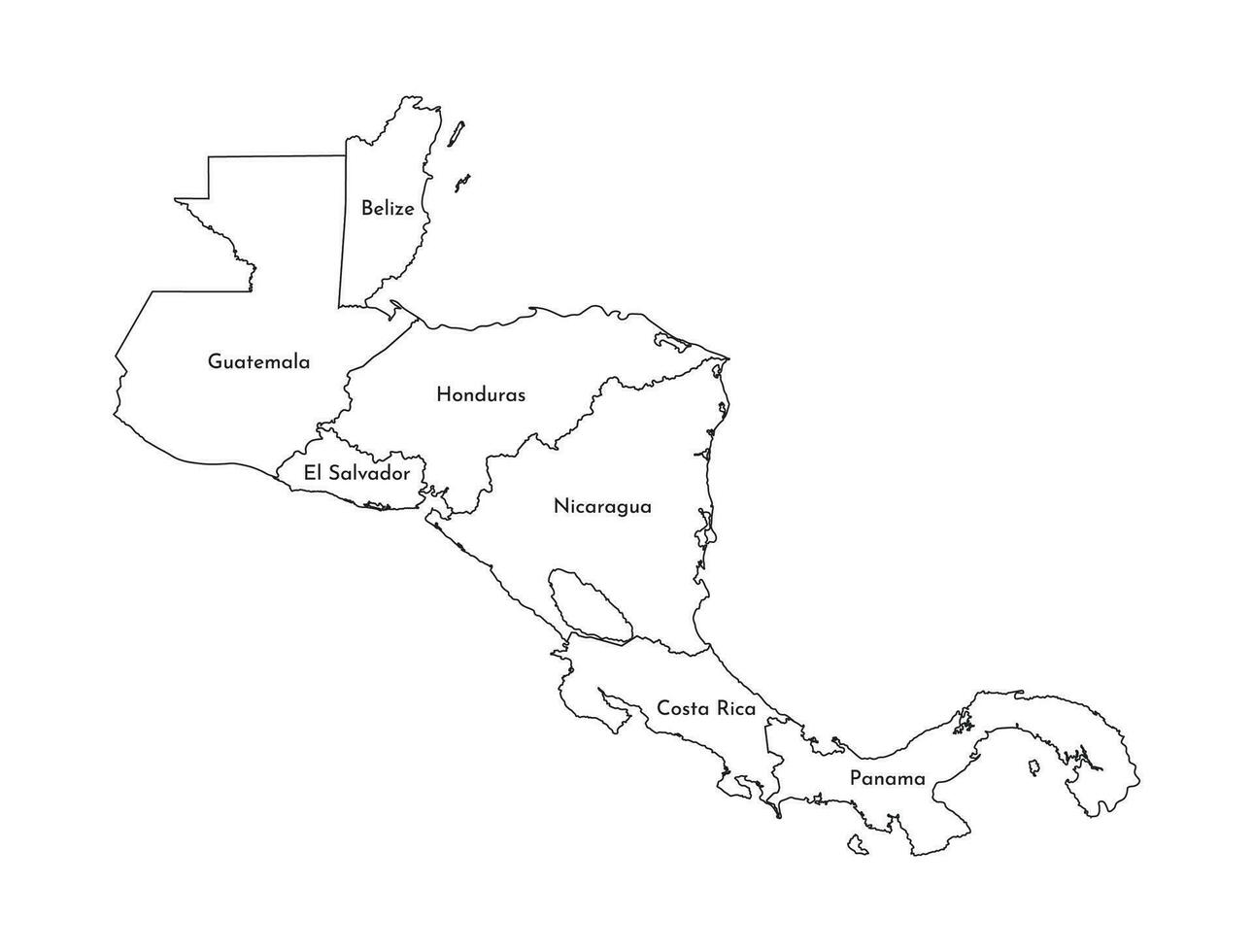 Vector illustration with simplified map of Central America. Black line silhouettes of states' border. White background.