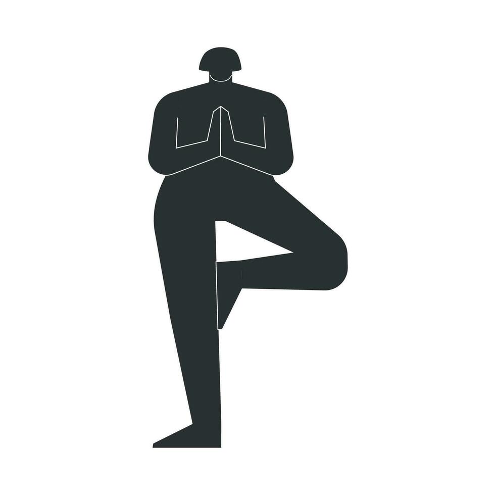 Vector isolated illustration with flat black silhouette of female person doing finess. Athletic woman learns yoga posture Vrksasana. Sportive exercise - Tree Pose.