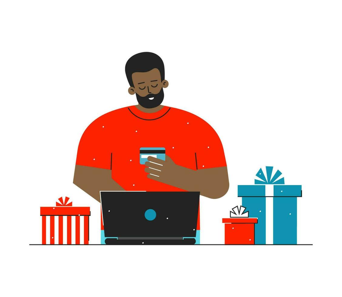 Vector isolated flat illustration about online shopping. Cartoon african american man is at home. Guy sits with laptop, orders presents on Internet, enter credit card details on the site with sales
