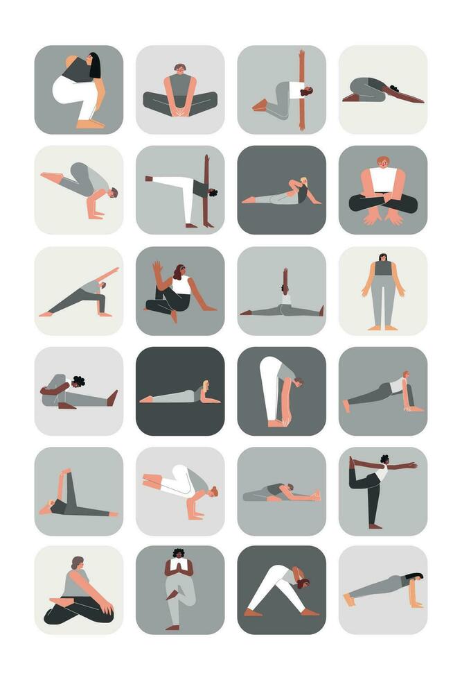 Vector illustration set for sticker pack with yoga poses. Flat monochrome collection on vertical A4 poster with asian, african and caucasian women making sport exercises like asanas, stretchening
