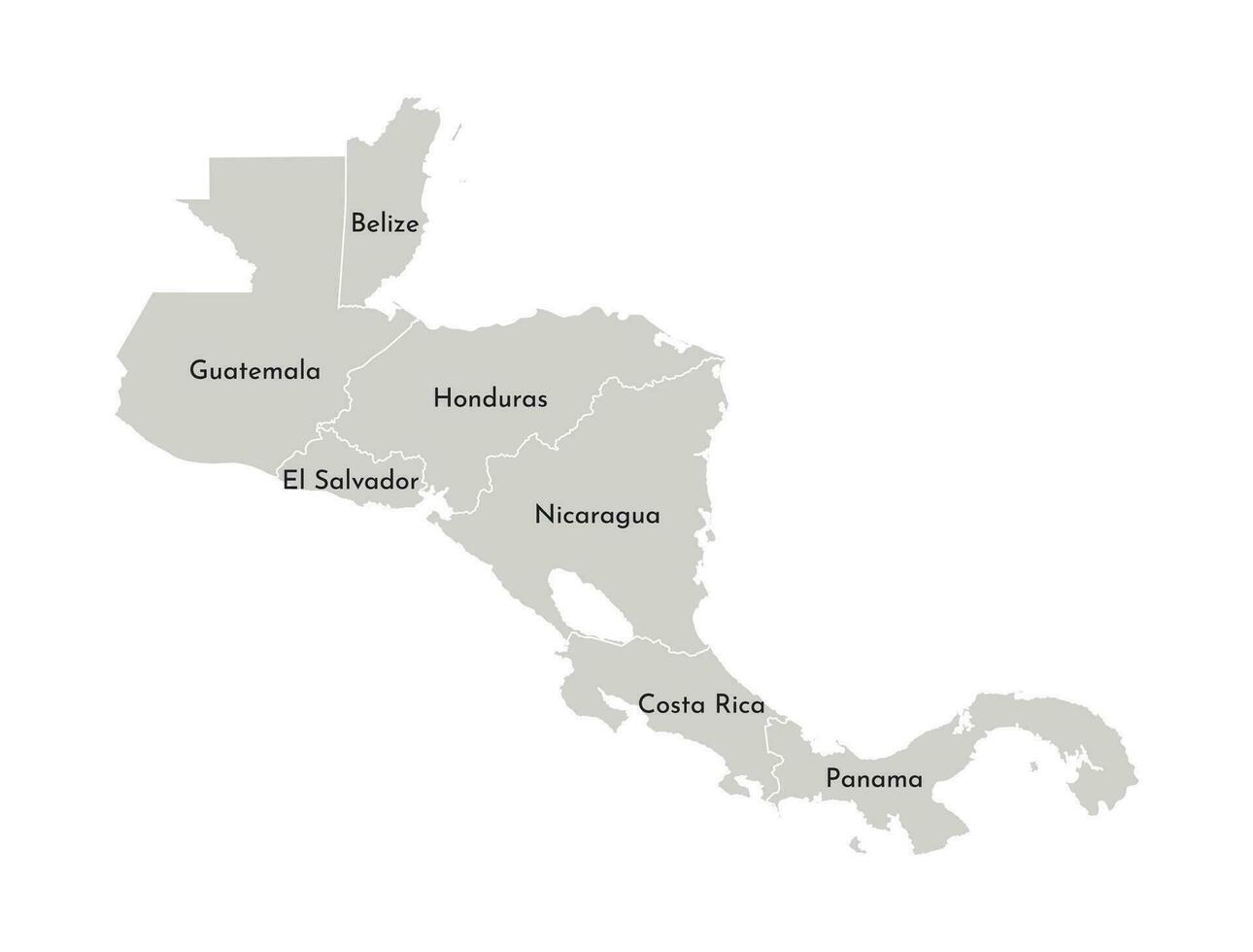 Vector illustration with simplified map of Central America region. Grey silhouettes, white outline of states' borders.