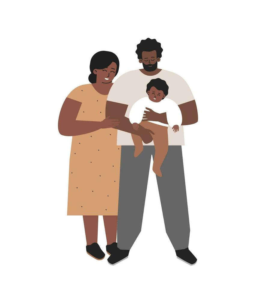 Vector isolated flat illustration. African American foster father holds in his arms adopted child. Mother stands with them. Happy family show love and care to newborn baby. Healthy relationship