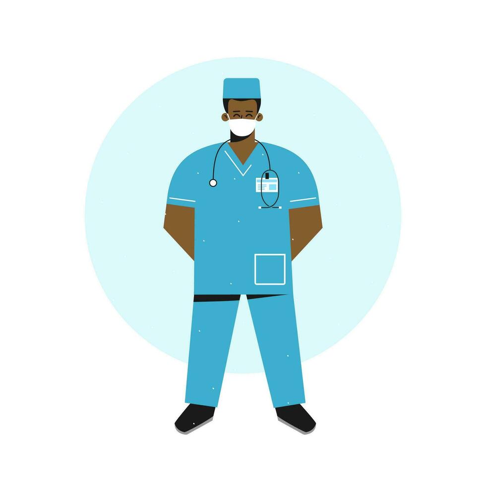Vector flat concept. Cartoon african american nurse is staying tall  with stethoscope. Happy doctor man is dressed in blue medical uniform, face mask. Medic is from emergency or operating room