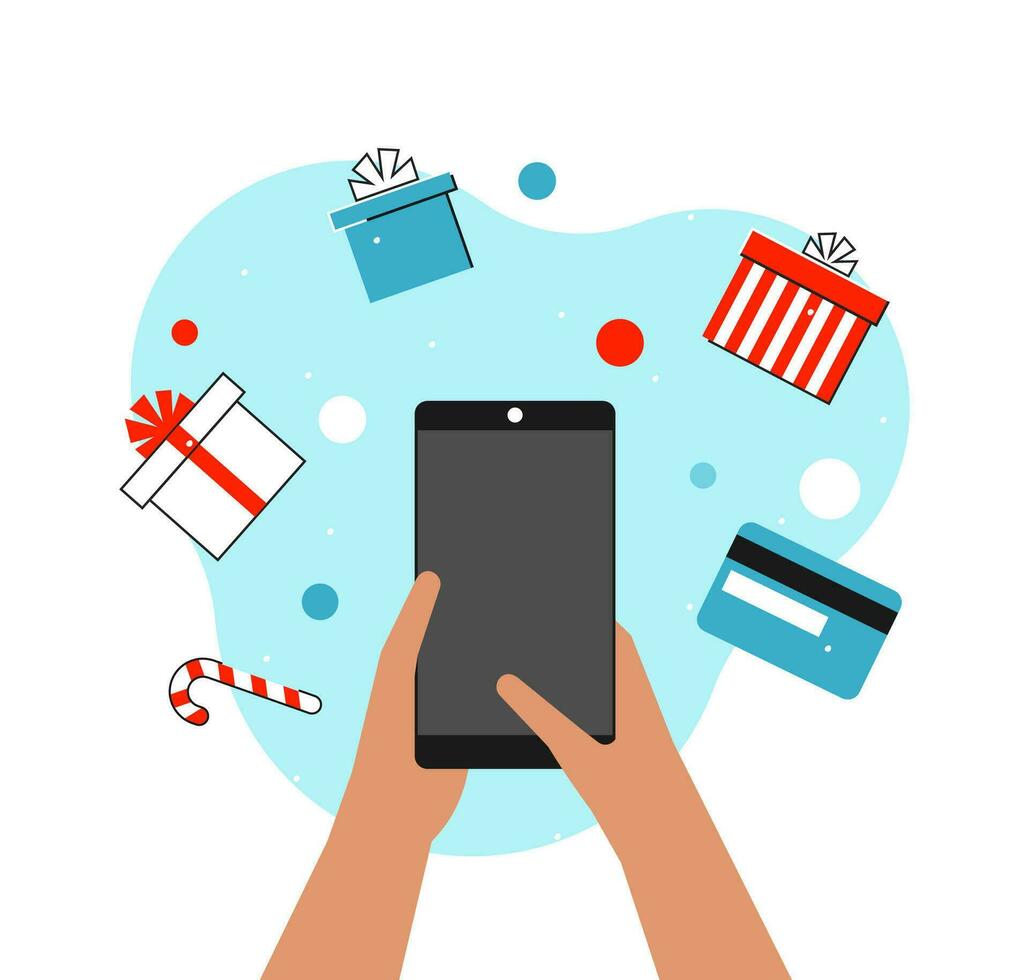 Vector flat concept with hands of caucasian person. Fingers enter credit card details to orders gifts on website. Using mopile app of e-commerce marketplace. Online shopping in Christmas time.