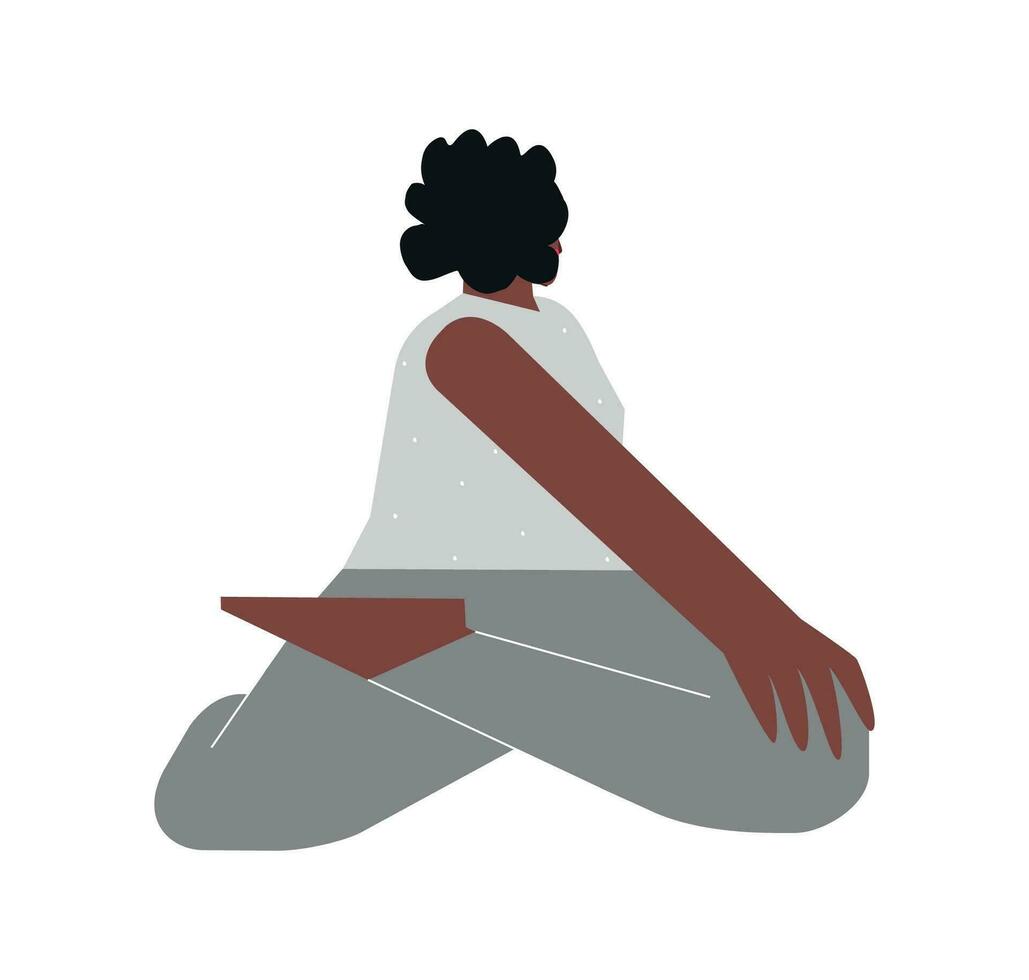 Vector isolated flat concept with female african american character. Sportive hip-opening exercise with - Bharadvaja's Twist pose. Strong woman learns posture - Bharadvajasana I