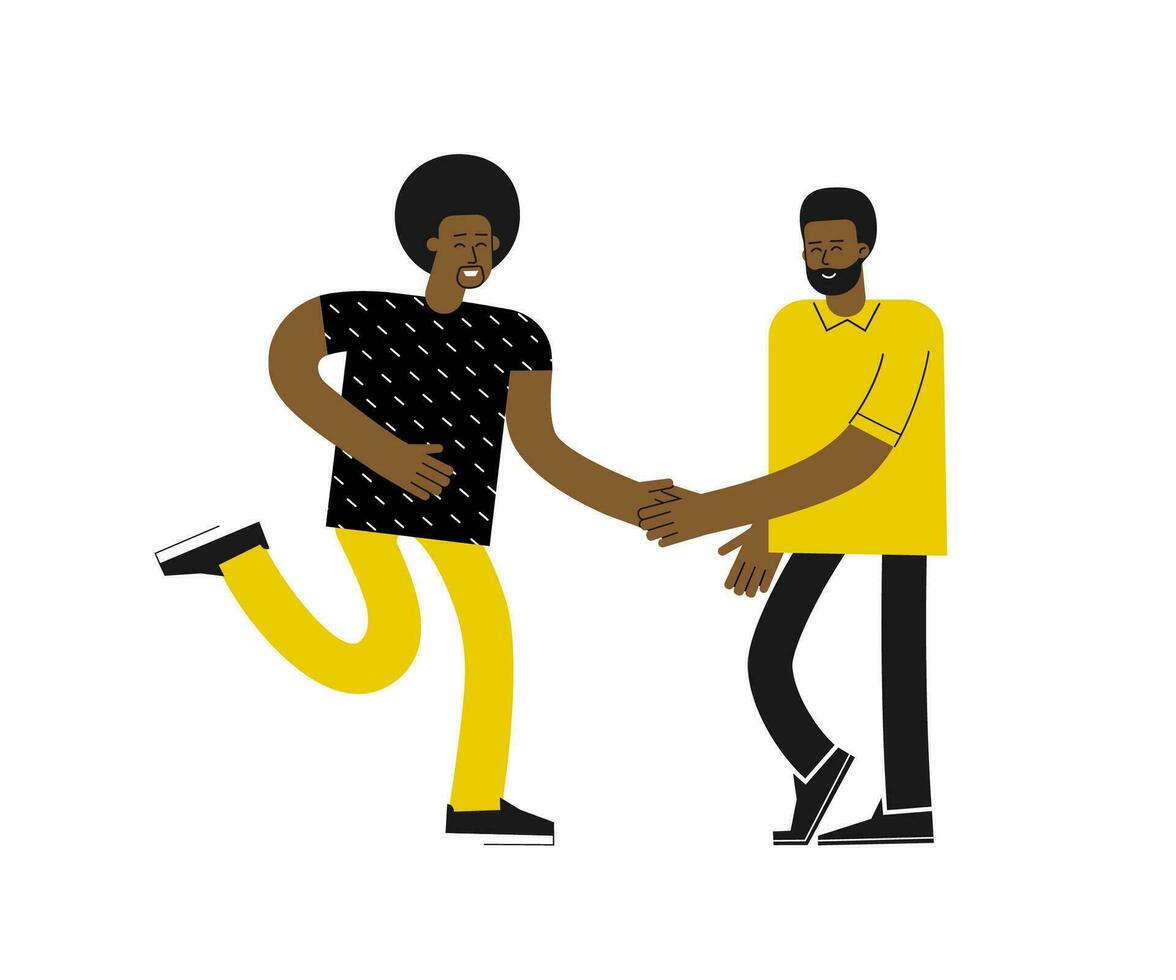 Vector isolated flat concept with two african american men. Happy friends met, glad to see each other, smile and shake hands. Guy is talking, congratulating bro with successful deal. White background