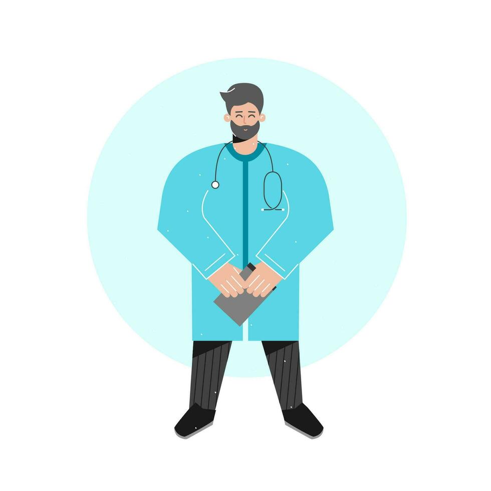 Vector isolated concept with doctor standing tall and holding documents. Friendly smiling medic man is dressed in blue medical gown and has stethoscope. Modern line details in flat illustration