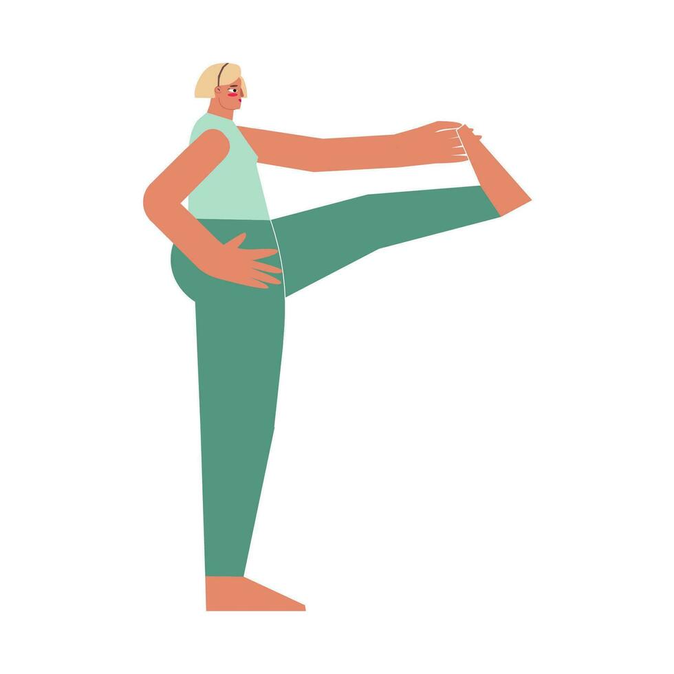 Vector illustration with flat Female character. Sportive young woman learns stretching posture and does extended hand to big toe pose at yoga class. Balancing exercise - Utthita Hasta Padangustas