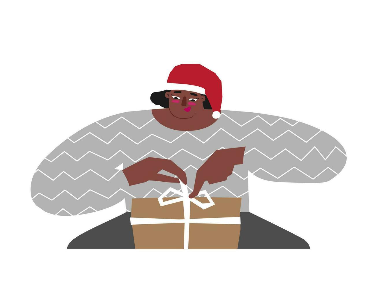 Vector isolated portrait of African American woman with Santa Claus hat unwrapping gift box. Preparation for holiday. Lady is in Christmas sweater, holds bow for decoration of presents. Xmas surprise