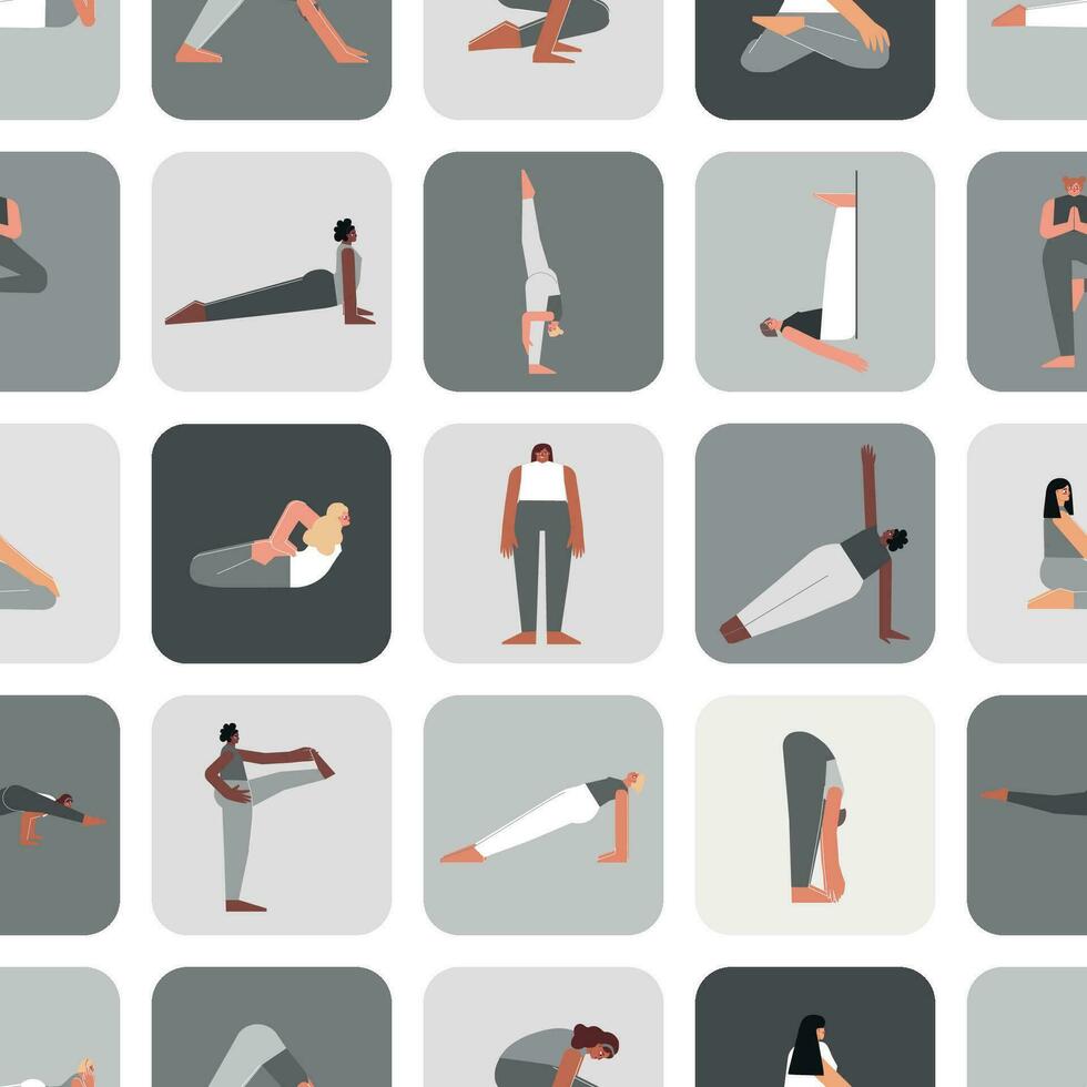 vector sin costura modelo yoga posa plano monocromo ilustrado colección en cuadrado forma con asiático, africano americano y caucásico mujer haciendo deporte ejercicios me gusta asanas, estiramiento formación