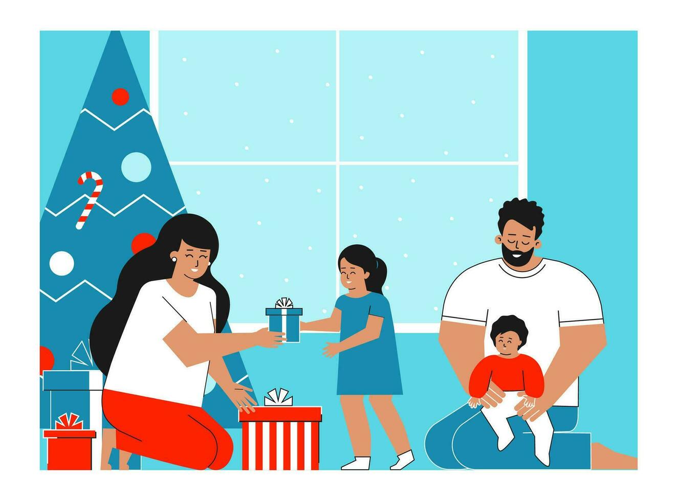 Vector isolated flat concept. Design for winter happy holidays with family. Home is decorated with present boxes and Christmas Tree. Mother is giving gifts to cute children. Father sits with toddler