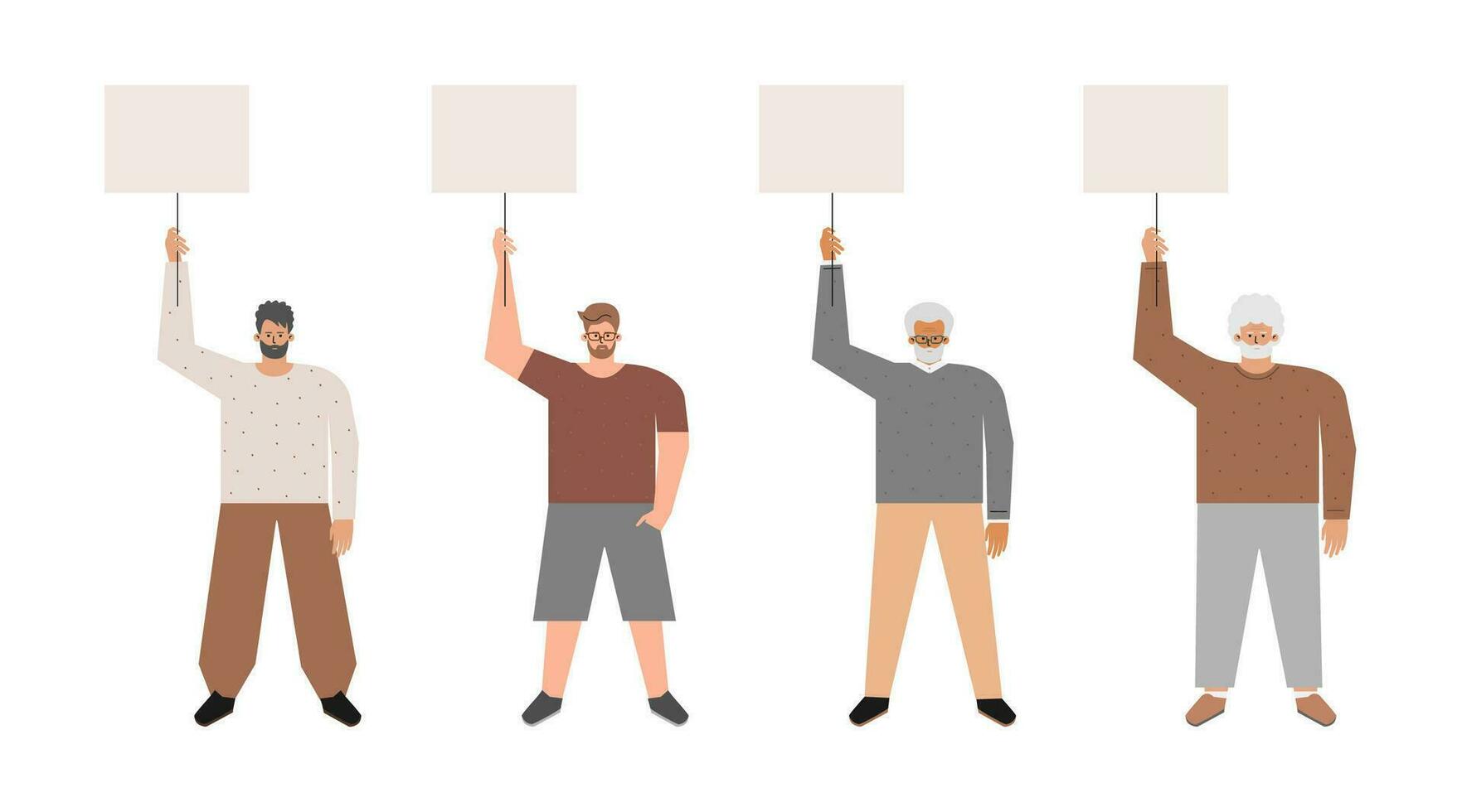 Vector isolated flat set with picket and strike of Caucasian guys holding posters with copy space for text. Young, adult and senior men fight for human rights, justice. Work stoppage and protest