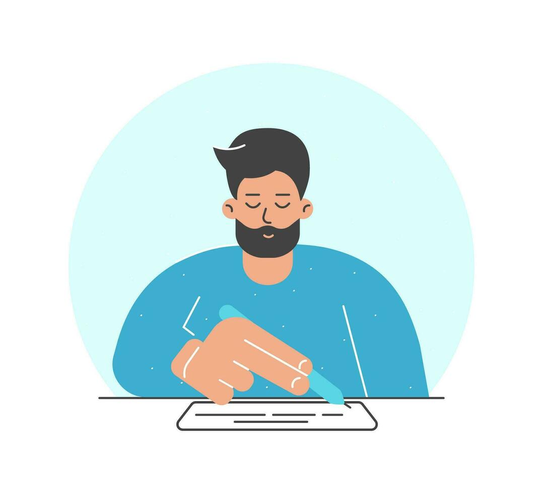 Vector illustration concept. Flat cartoon adult man sits at the table, holds pen and wrie text on white paper. Isolated design with character signed contract, report or mortgage document to get a loan