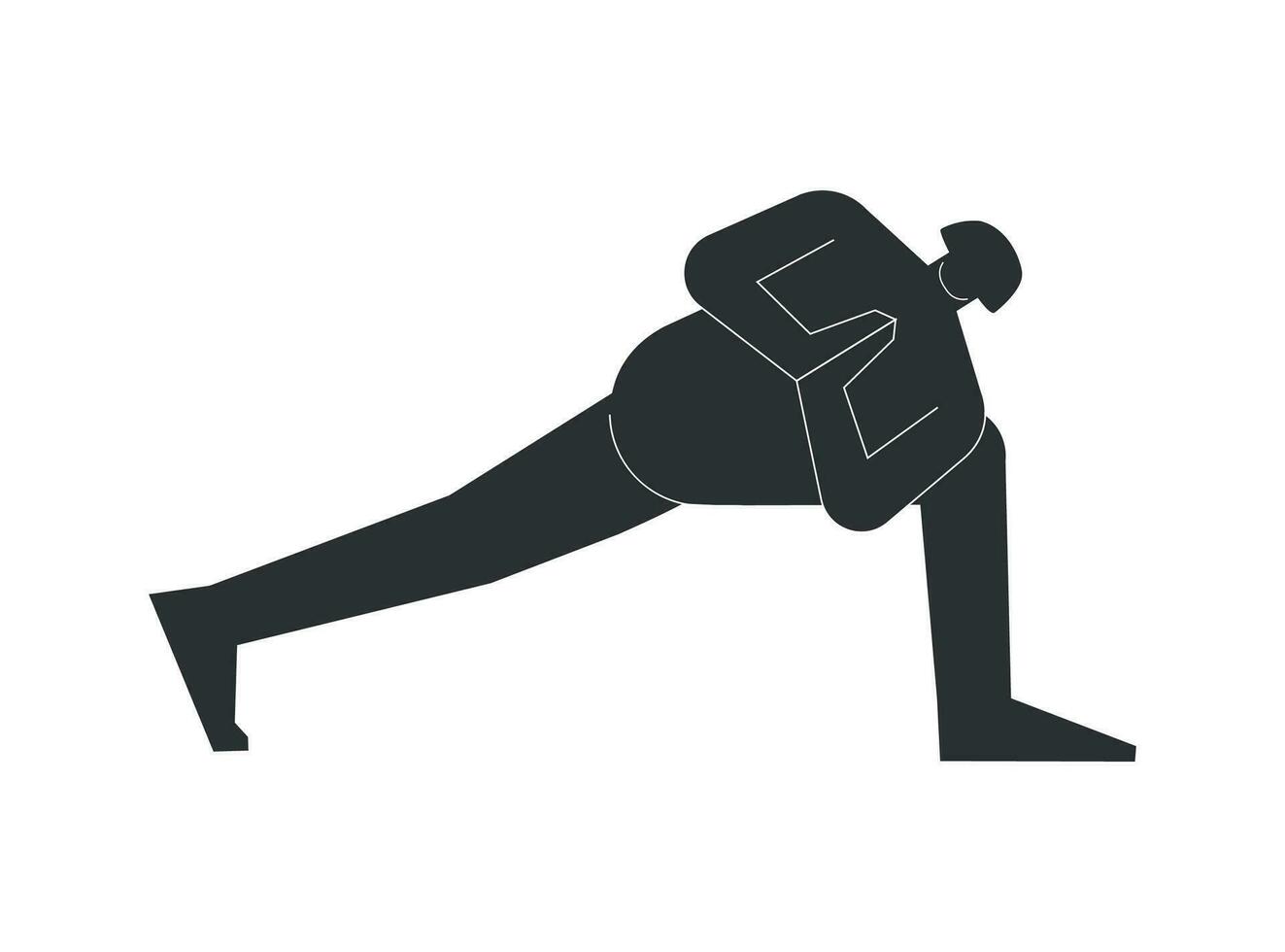 Vector isolated illustration with flat black silhouette of female person doing finess. Athletic woman learns yoga posture Parivrtta Parsvakonasana. Sportive exercise - Revolved Side Angle Pose