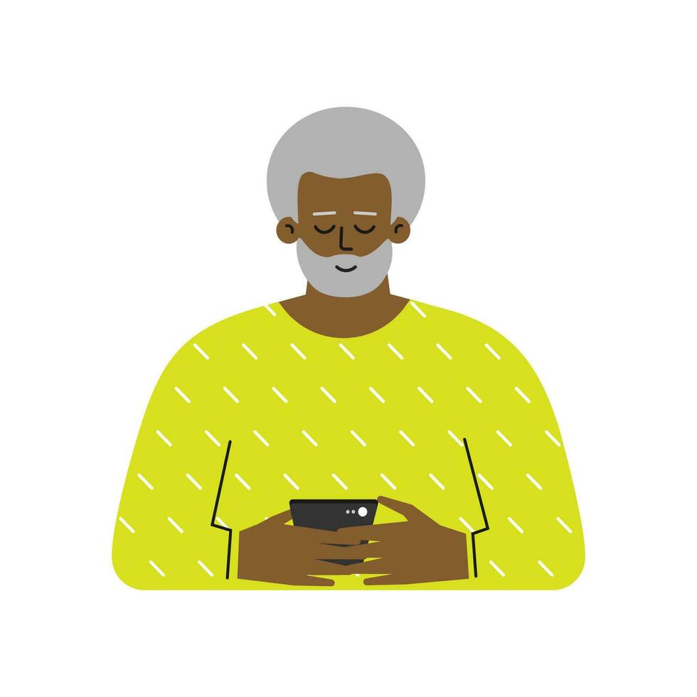 Vector isolated flat concept. Cartoon African American senior man writes a message on the phone. Elderly grandfather used modern gadgets. He search woman for relationship by mobile apps. Online dating