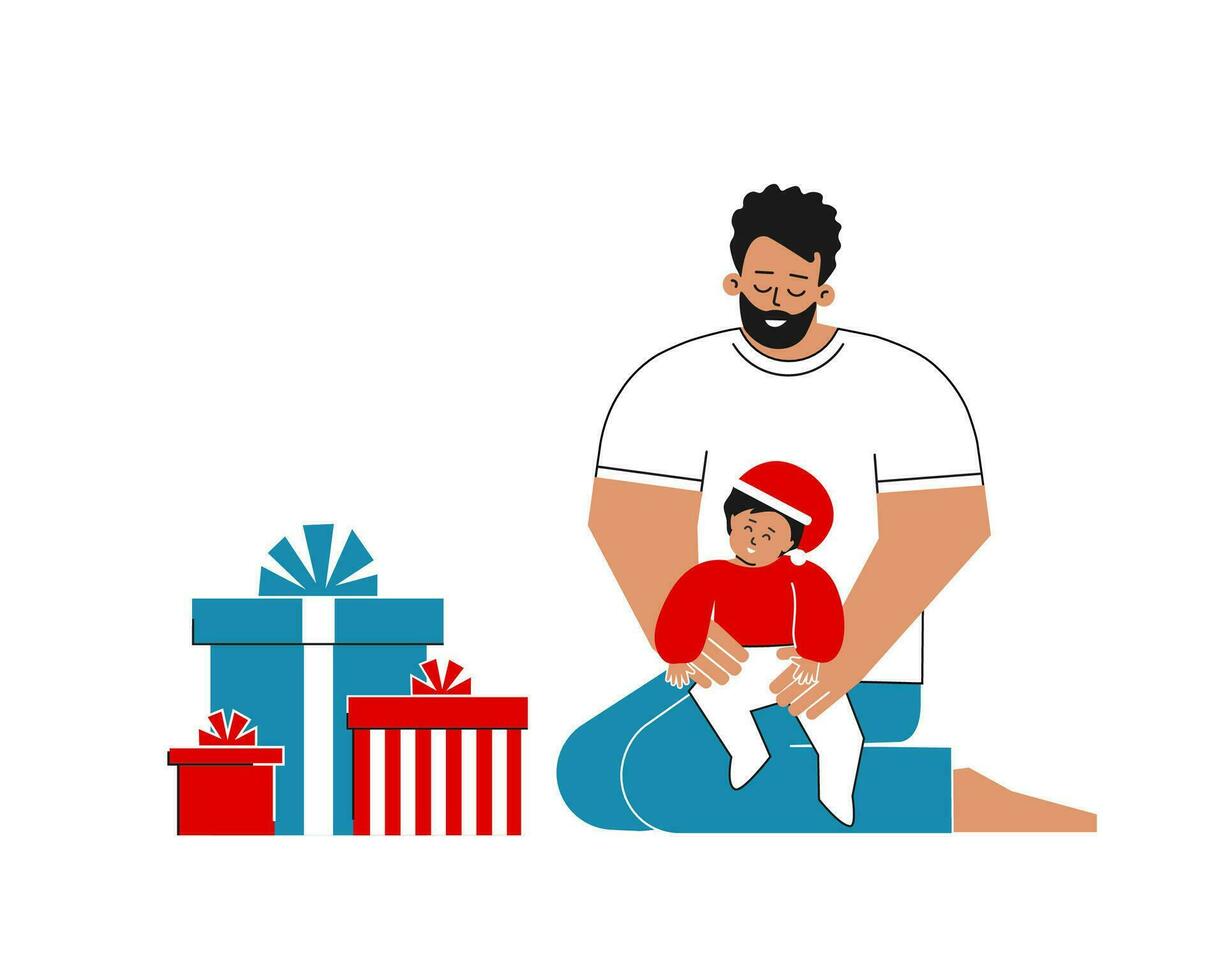 Vector isolated concept. Cartoon flat latin man is holding cute little baby in his arms. Template with gift boxes to design New year and Merry Christmas greeting cards. Happy holidays with family