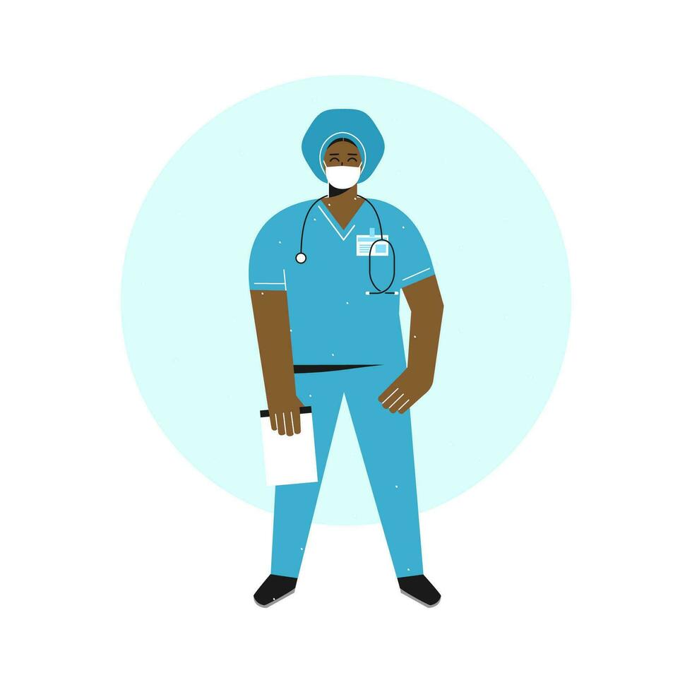 vector plano concepto. dibujos animados africano americano médico mujer sostiene notas contento enfermero niña es vestido en azul médico uniforme, cara máscara y estetoscopio. hospital personal trabajando en emergencia habitación