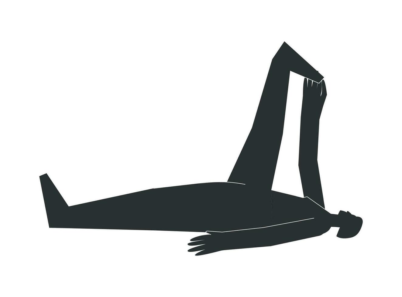 vector aislado ilustración con plano negro silueta de hembra persona haciendo finura. atlético mujer aprende yoga postura - reclinable mano a grande dedo del pie pose. juguetón ejercicio - supta padangusthasana