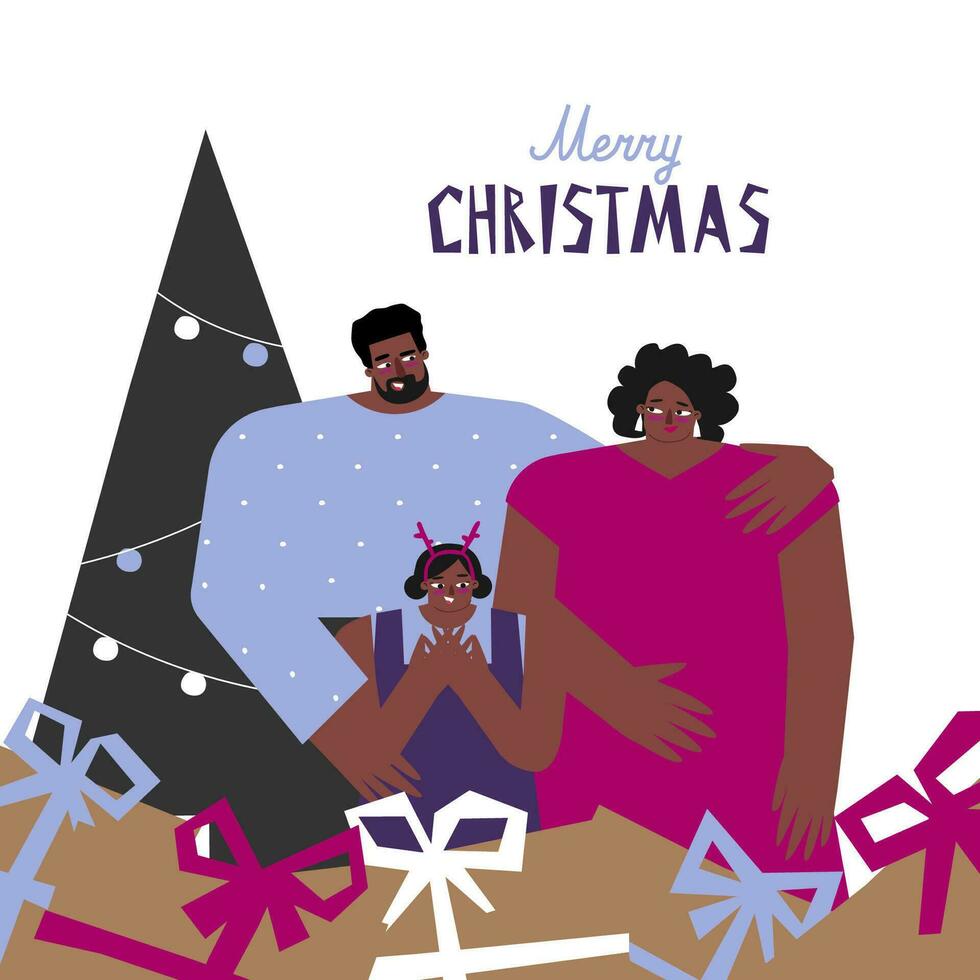 Vector concept of African American family with father, mother, girl staying near gift boxes and xmas tree. Card with hand drawn text - Merry Christmas. Happy holiday and presents unpacking by kid
