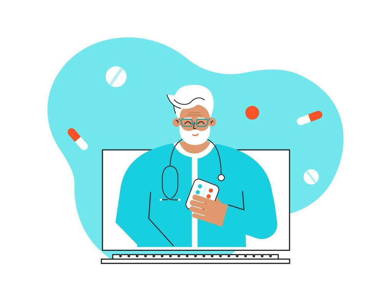 Vector flat isolated concept. Online medical consultation, diagnostic. Old Caucasian doctor uses video call. Computer display. Senior man works from home, psychiatrist helps choose therapy for patient