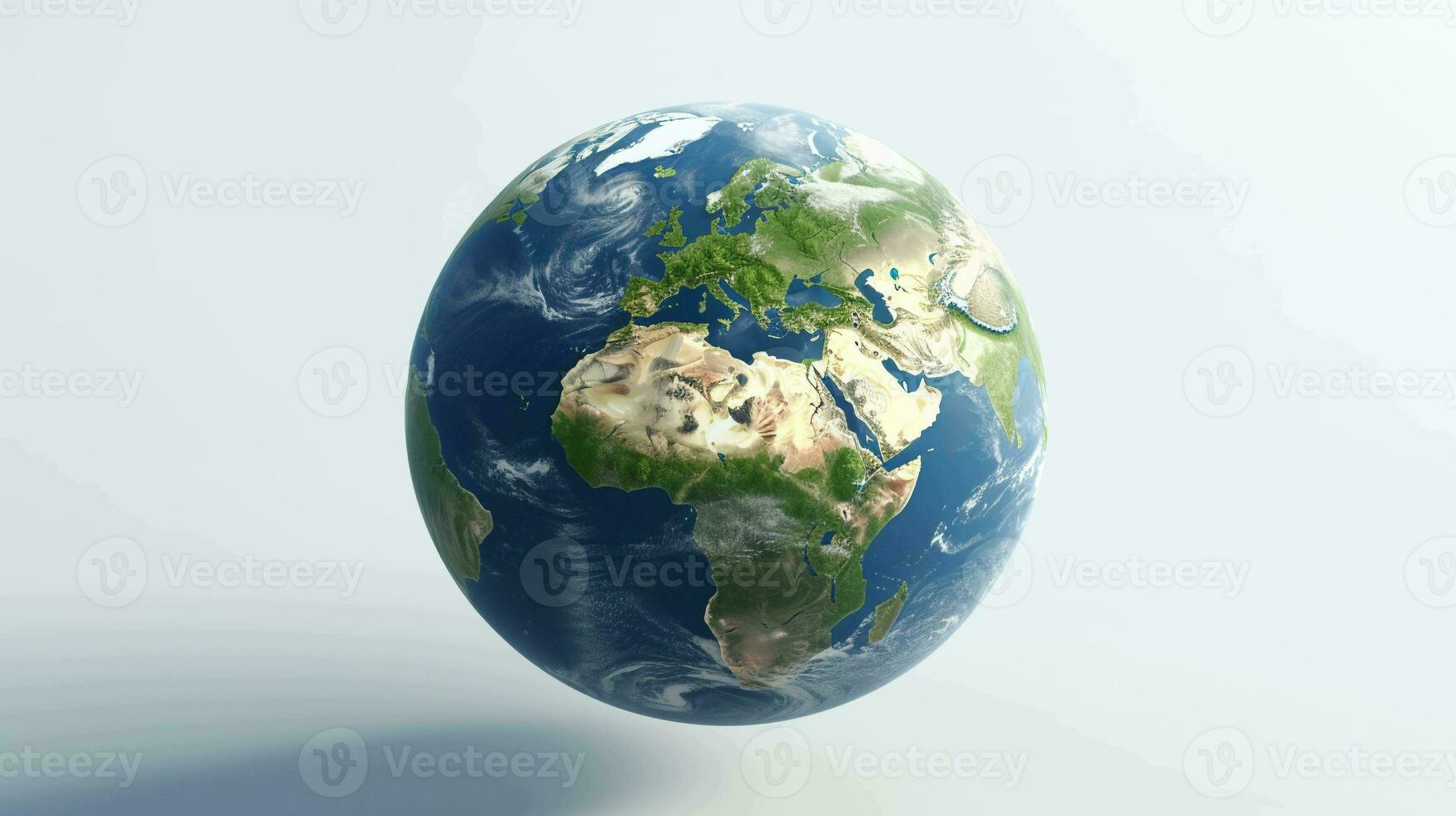 Realistic 3D Earth Render. A detailed globe on a clean white backdrop photo