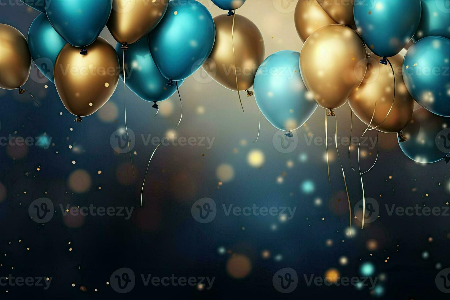 Realistic Festive background with golden and blue balloons falling confetti blurry background and a bokeh lights, AI Generative photo