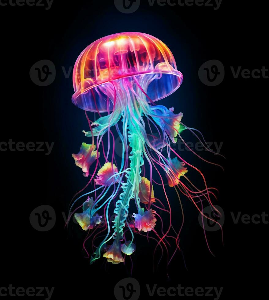 Glowing jellyfish swim deep in blue sea, neon jellyfish fantasy on black background, AI Generative photo