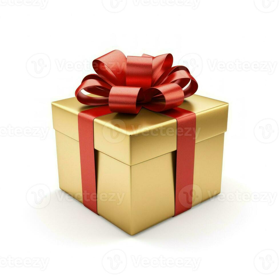 Golden gift box with red ribbon, AI Generative photo