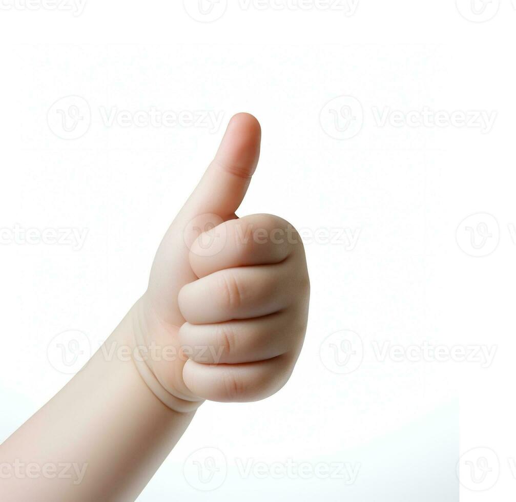 Baby hand thumbs up, Approval thumbs up like sign, caucasian child hand gesture, AI Generative photo