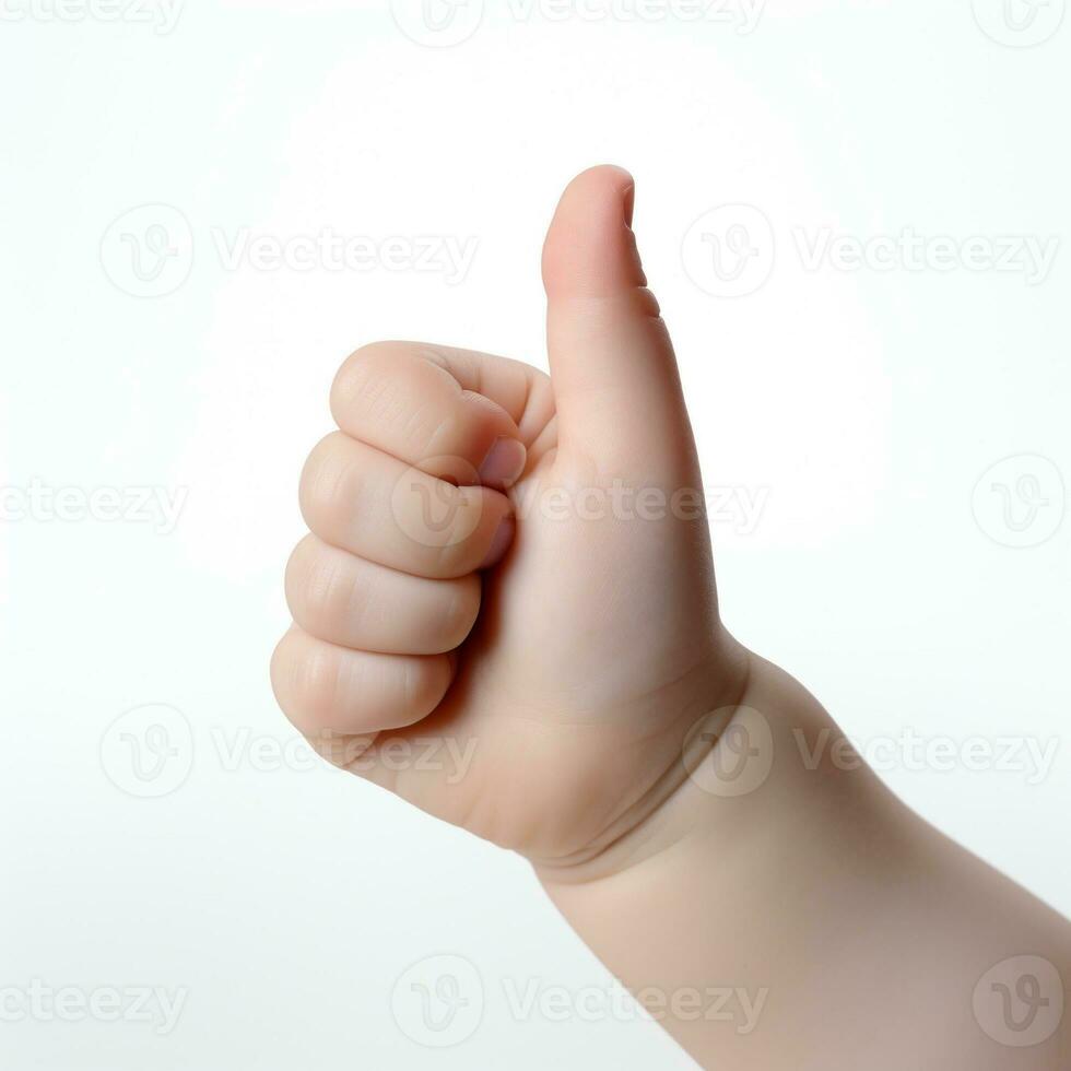 Baby hand thumbs up, Approval thumbs up like sign, caucasian child hand gesture, AI Generative photo