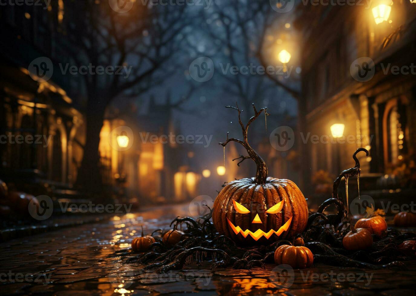 Scary halloween pumpkin, Happy halloween banner or party invitation background, AI Generative photo