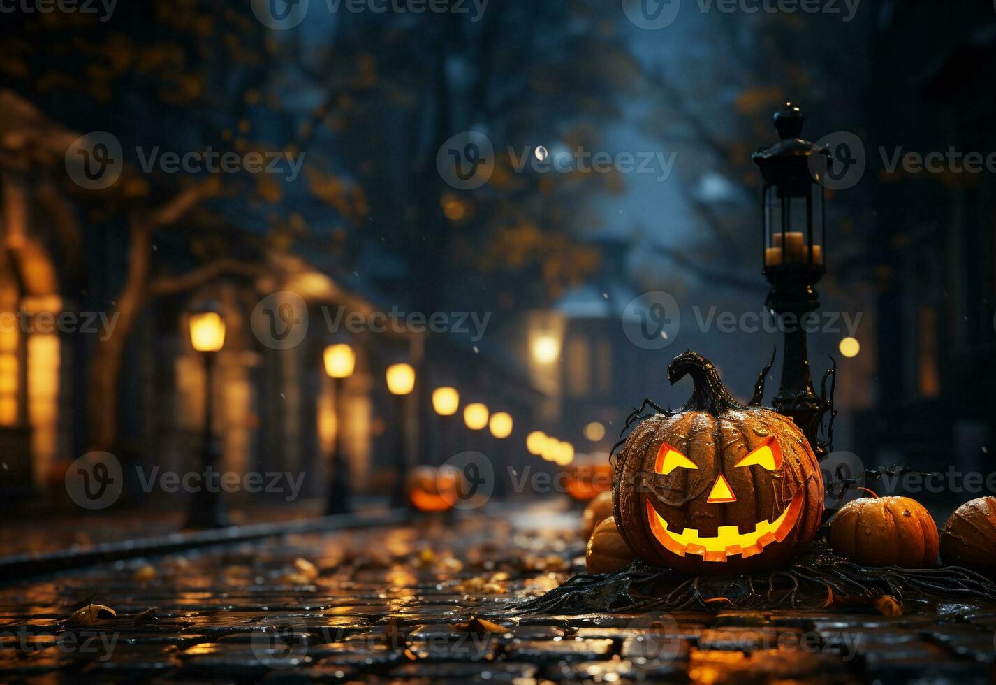 Scary halloween pumpkin, Happy halloween banner or party invitation background, AI Generative photo