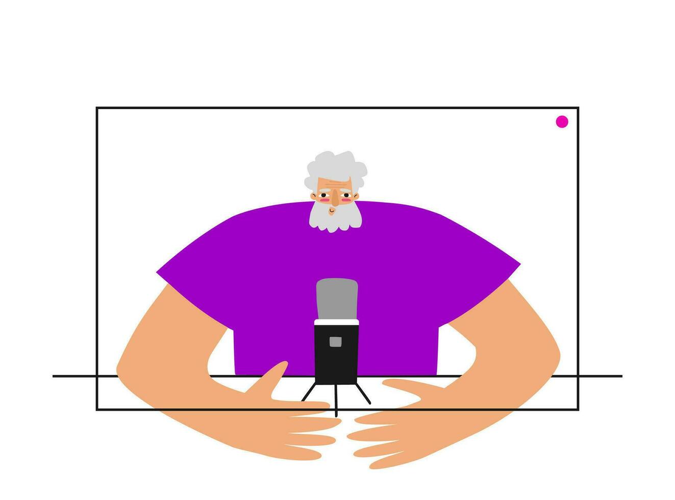 Vector flat concept with computer and old Caucasian man on screen using online stream services at home for recording video on webcam. Remote conference of blogger, podcast host, coach