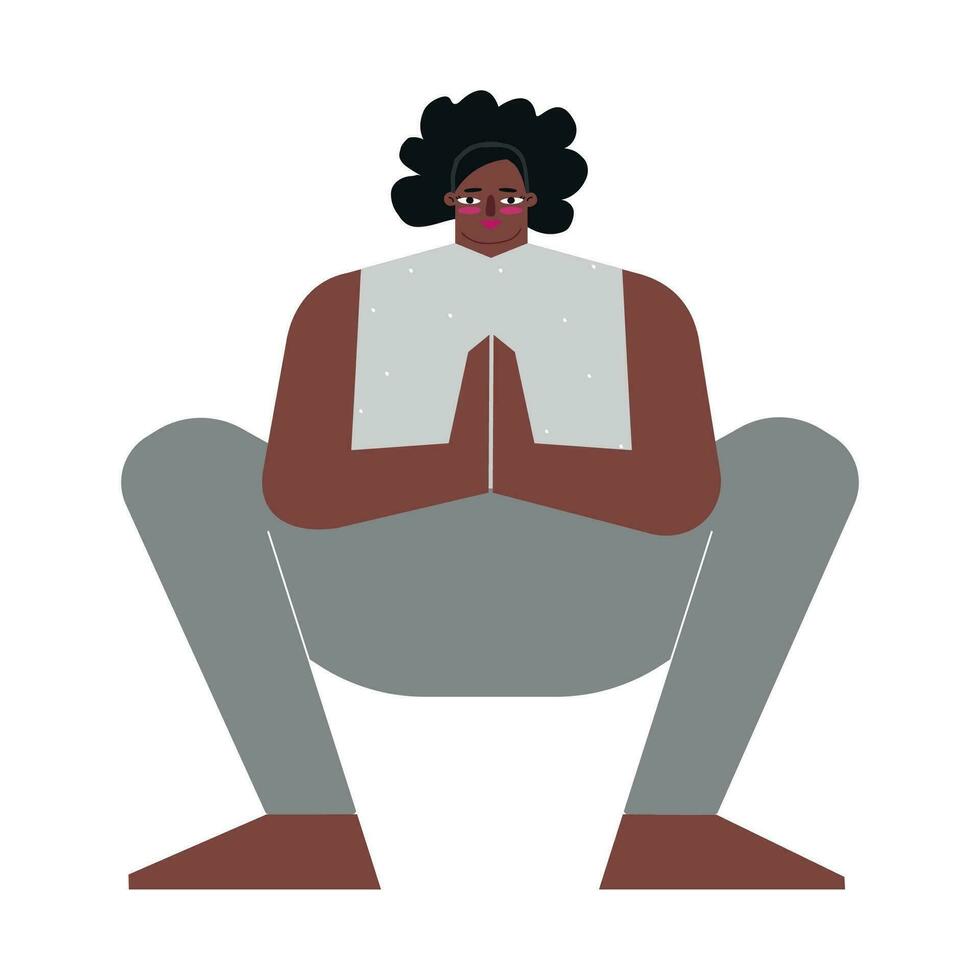 Vector illustration with flat female body positive character. Sportive african american woman learns stretching posture for meditation and does Garland Pose at yoga class. Seated exercise - Malasana