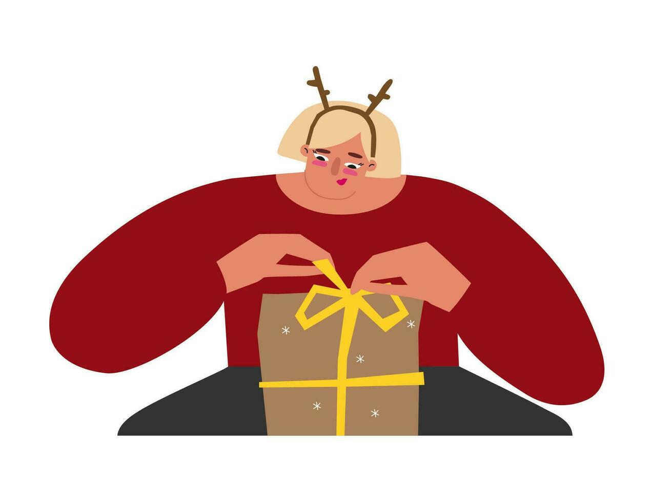 Vector isolated portrait of caucasian woman with antler headband unwrapping gift box in Christmas time. Preparation for holiday. Cute lady holds bow for decoration of presents. Xmas surprise